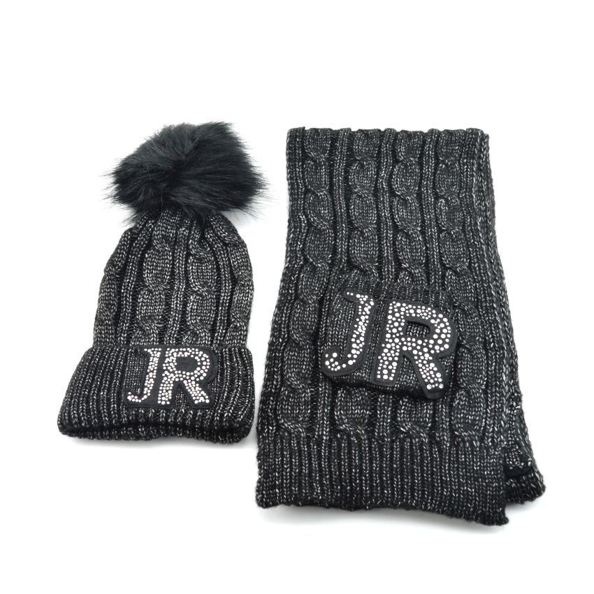 John Richmond 7902 kit sciarpa e cappello con ponpon nero lurex