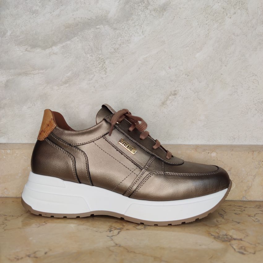 Alviero Martini N1341 sneakers con zeppa in pelle taupe/bronzo geo