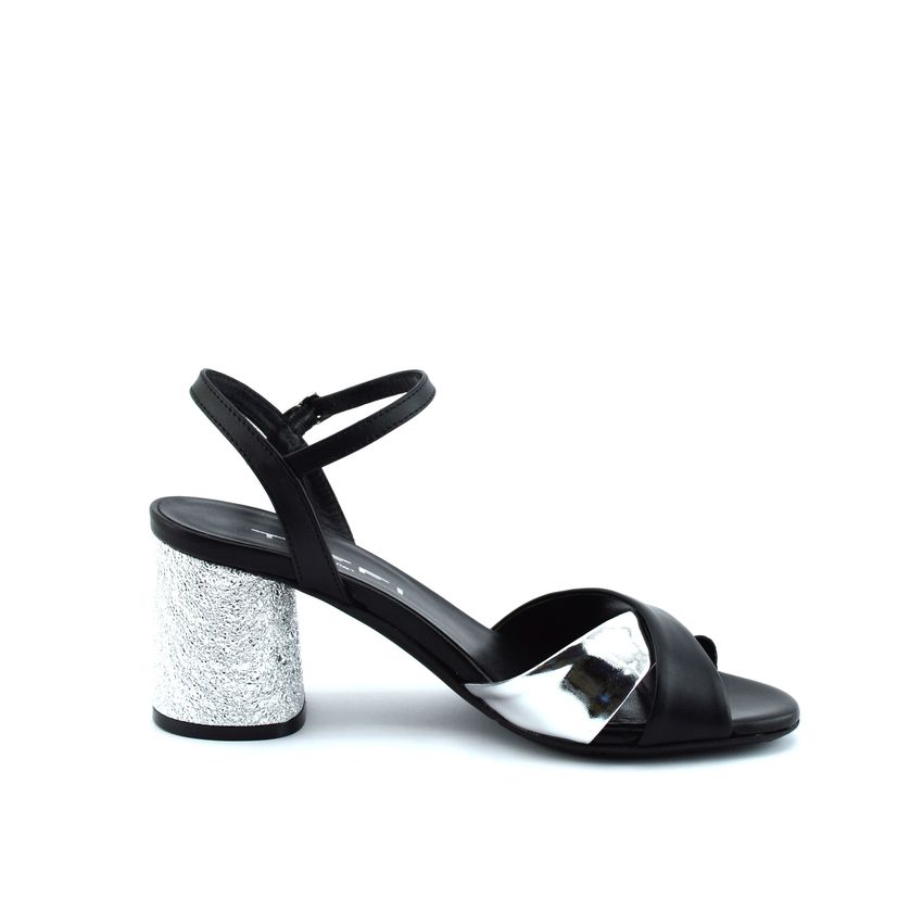 Tiffi A61/60Z sandalo in pelle nera e argento con tacco medio
