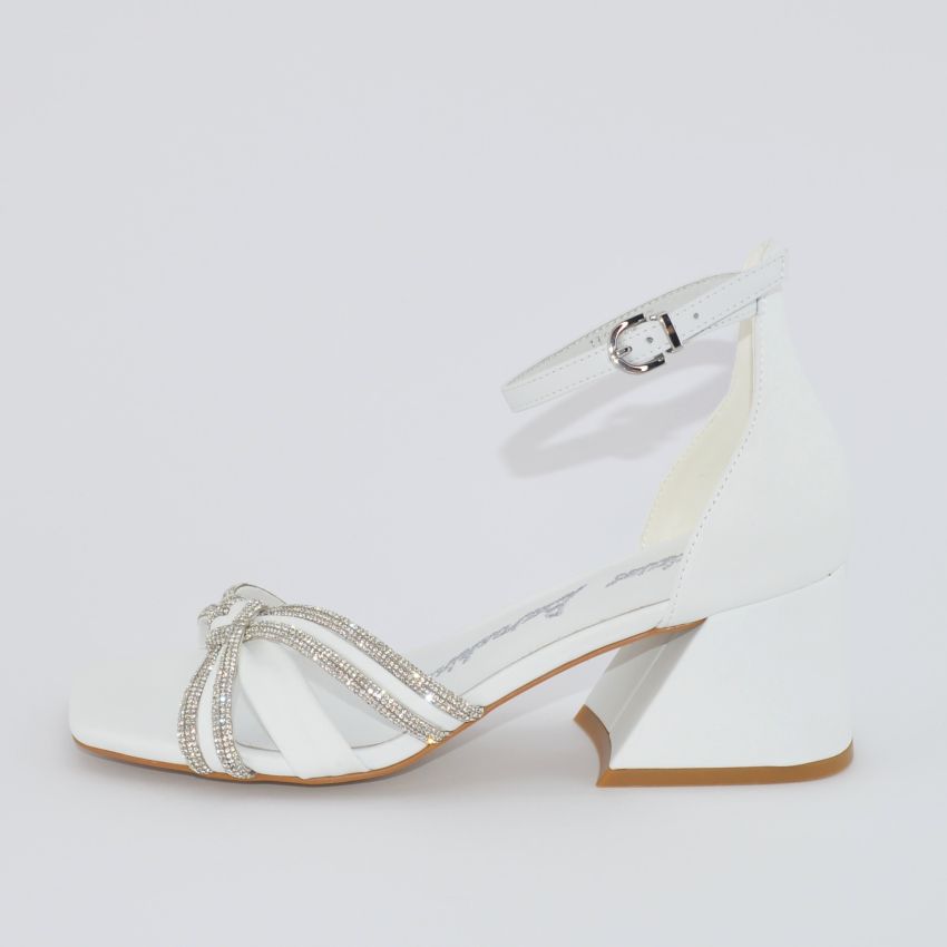 Barachini LL324B sandalo tacco medio bianco a punta quadrata con nodo gioiello
